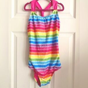 Xhilaration Girls Bathing Suit One Piece Rainbow Stripe Swimsuit L 10-12